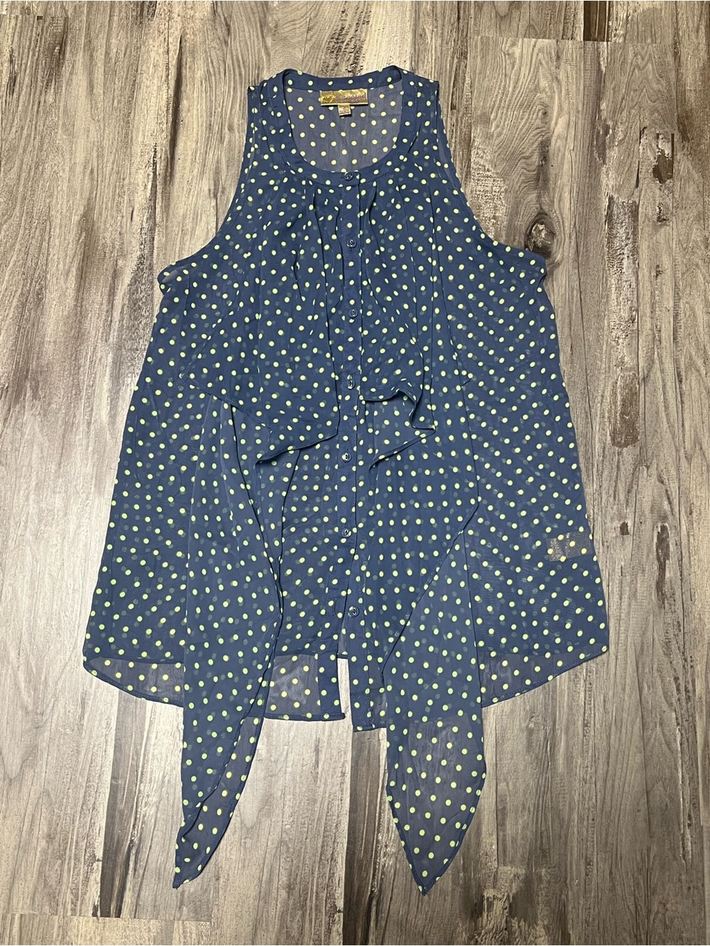 Princess Vera Wang Sheer Polka Dot Navy Blue Ruffle Tie Front Blouse Top Size S